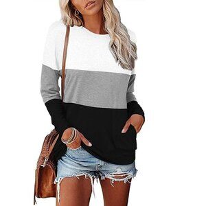 Long Sleeve Round Neck Stretchy Loose Fit Tunic Casual Pullover Shirts w/Pockets
